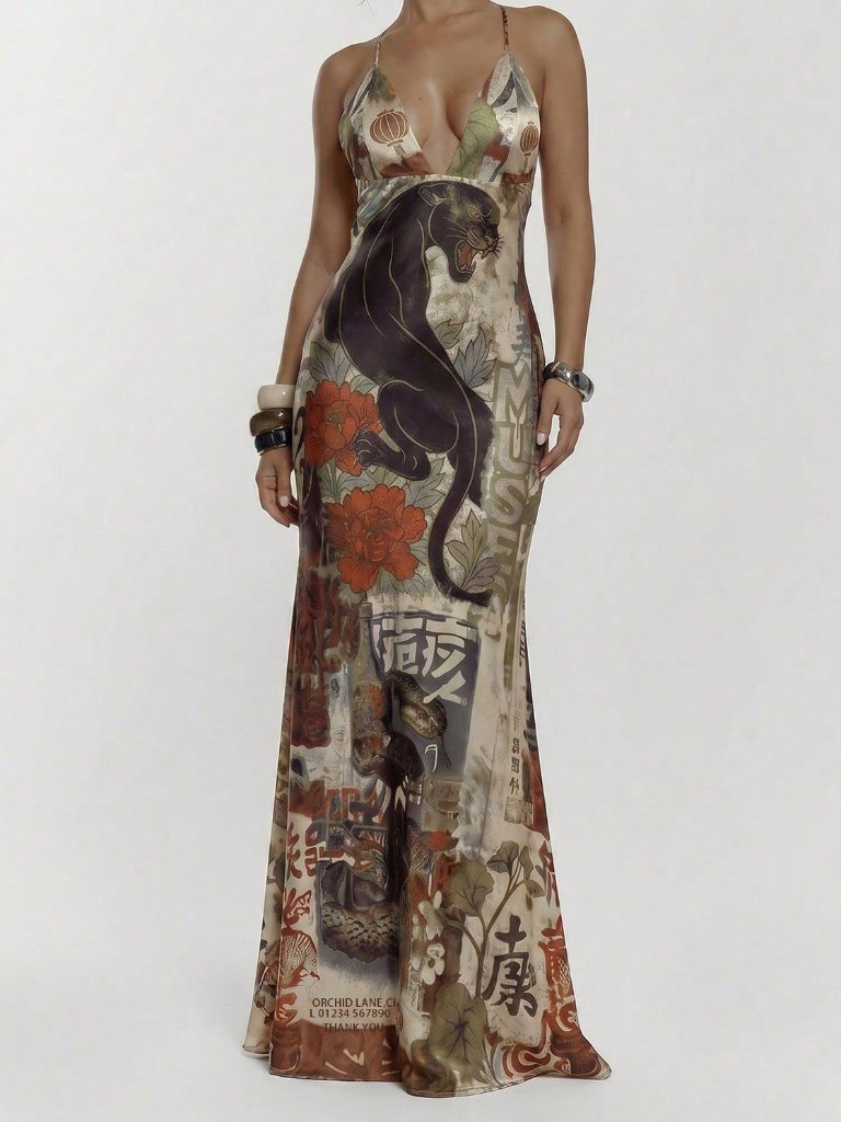 Brown Sexy Women's Lace Up Animal Print Maxi Dress